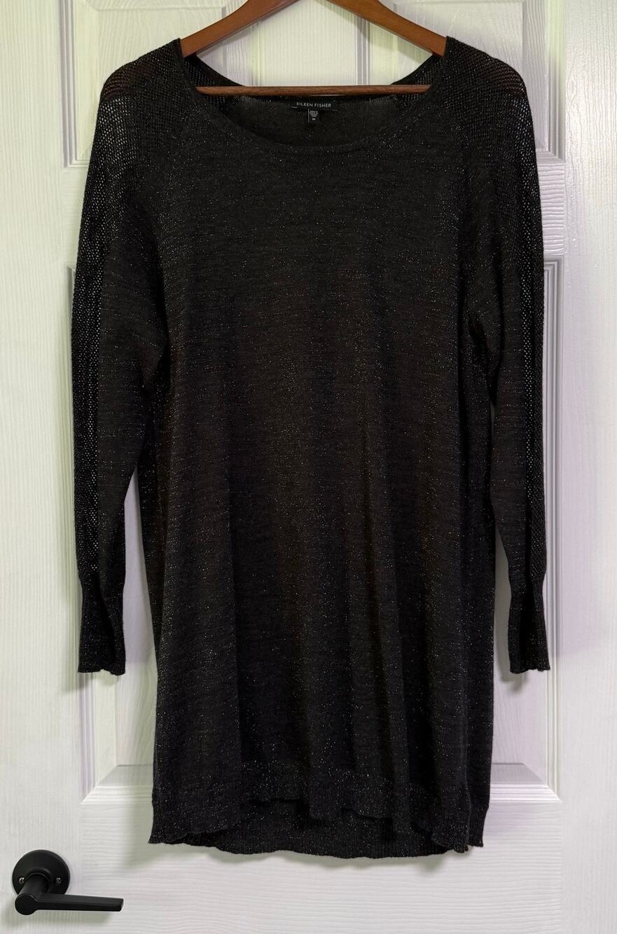 Eileen Fisher Women's Black Knit Metallic Wool Blend Tunic Top Size M